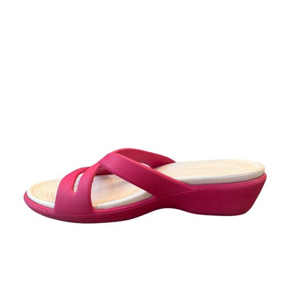 CROCS Patricia II Low Wedge Slide Sandals Women’s 10 Pink White Comfort Strappy - Picture 2 of 9